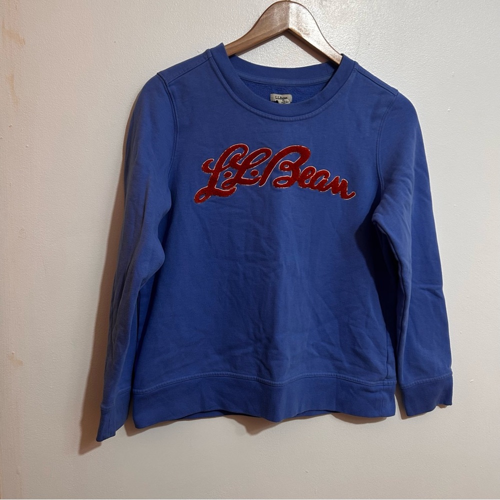 LL Bean Varsity Pullover Blue Crewneck Orange Words Medium
